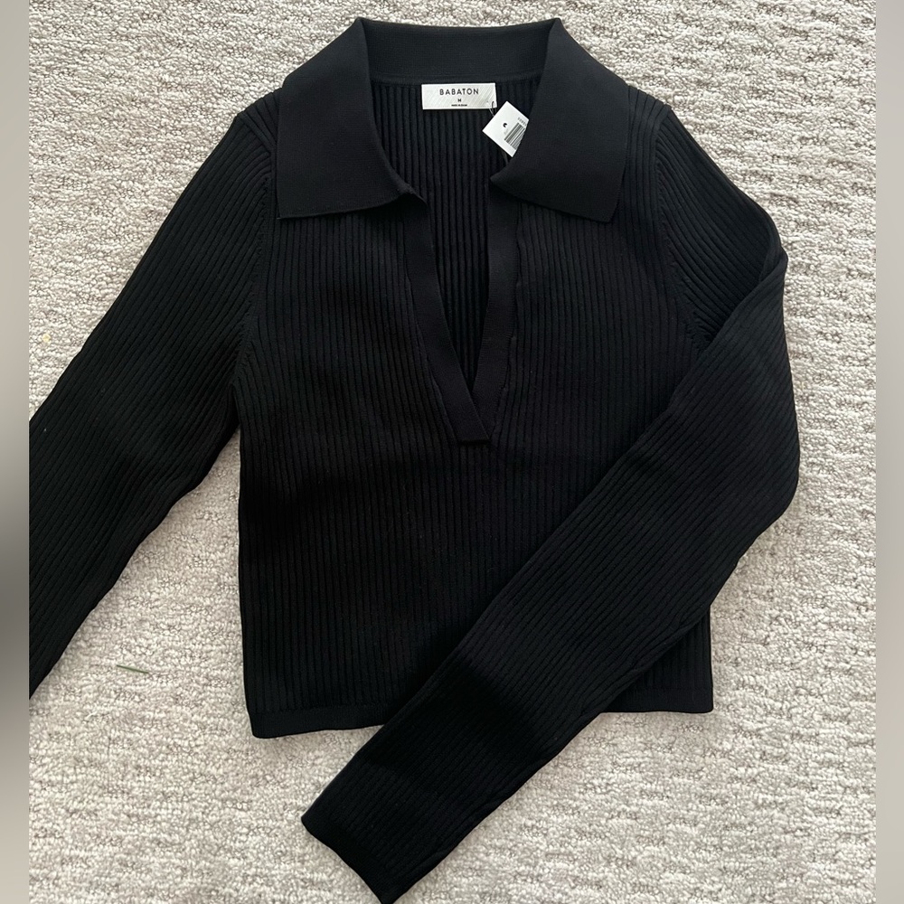 Aritzia Babaton Sculpt Knit Polo Longsleeve in Black, size Medium
